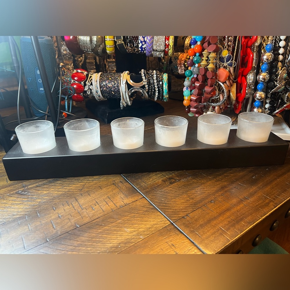 Modern Black Wood 6-Tea Light Candle Holder with Frosted Glass Cups